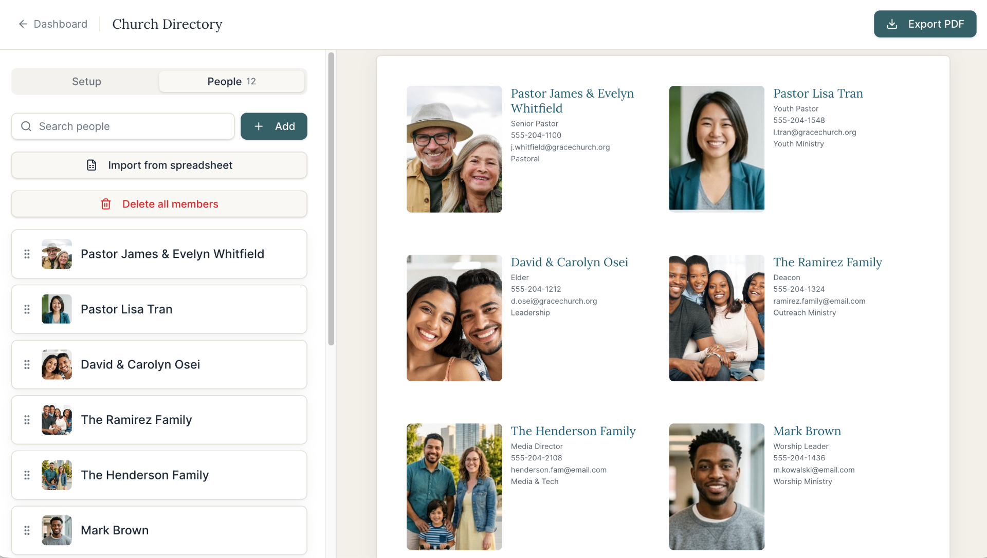 People tab with a list of members on the left and a live directory preview on the right.